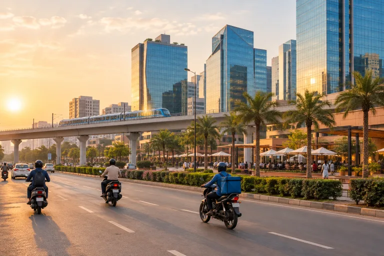 Glass towers of DLF Cyber City in Gurugram at sunset with the rapid metro line and a food-court plaza with palm trees