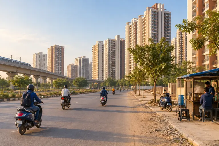 New residential towers in Greater Noida West beside a wide road, a tea stall and riders in the evening light