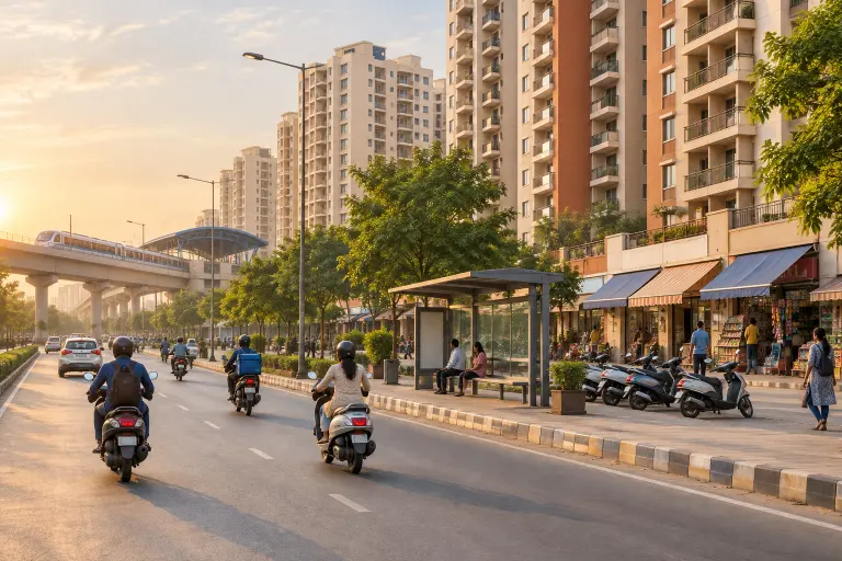 High-rise apartment towers in Indirapuram along a wide road with small shops, a bus shelter and parked scooters