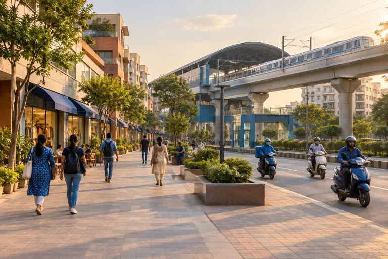Wide pedestrian plaza of Janakpuri District Centre with shoppers, scooters on the road and an elevated metro station