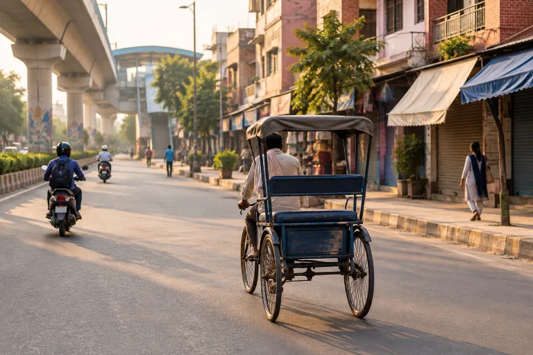 Cycle rickshaw on a quiet Laxmi Nagar market street in the morning, shop awnings and a metro pillar behind