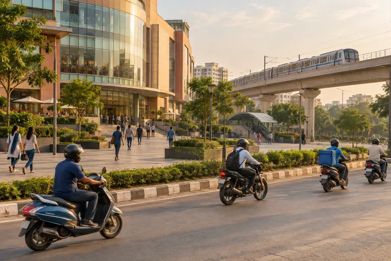 Noida Sector 18 market square with a glass mall, people walking, riders on the road and the metro line overhead