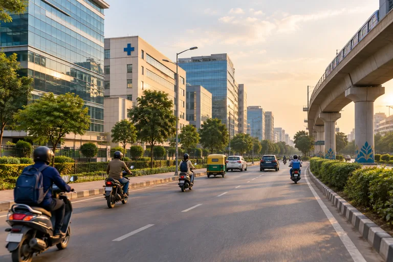 Wide avenue in Noida Sector 62 lined with glass office buildings and a hospital, metro track on the right