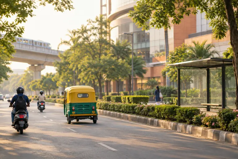 साकेत की हरी-भरी सड़क पर ऑटो रिक्शा, पास में शीशे का बस शेल्टर और पीछे मॉल की इमारत