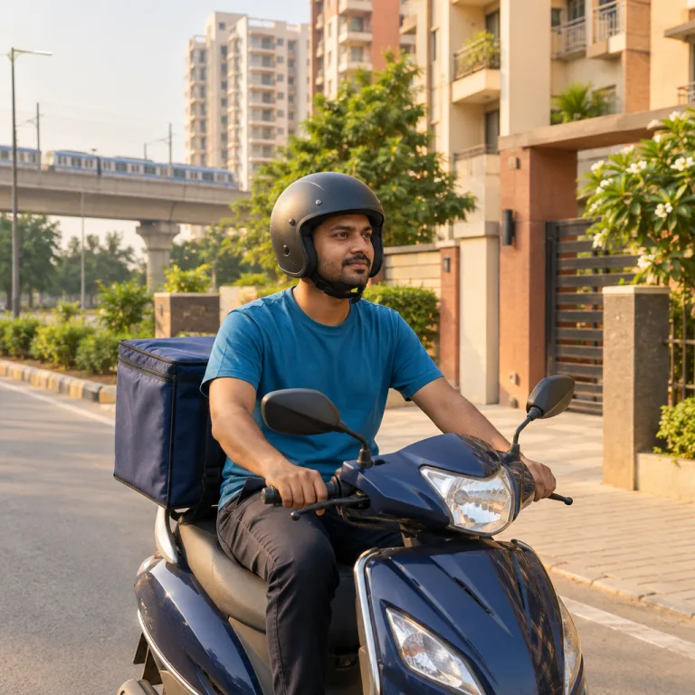 Delivery rider in a plain teal-blue T-shirt and black helmet on a scooter with a dark blue insulated bag outside an apartment gate