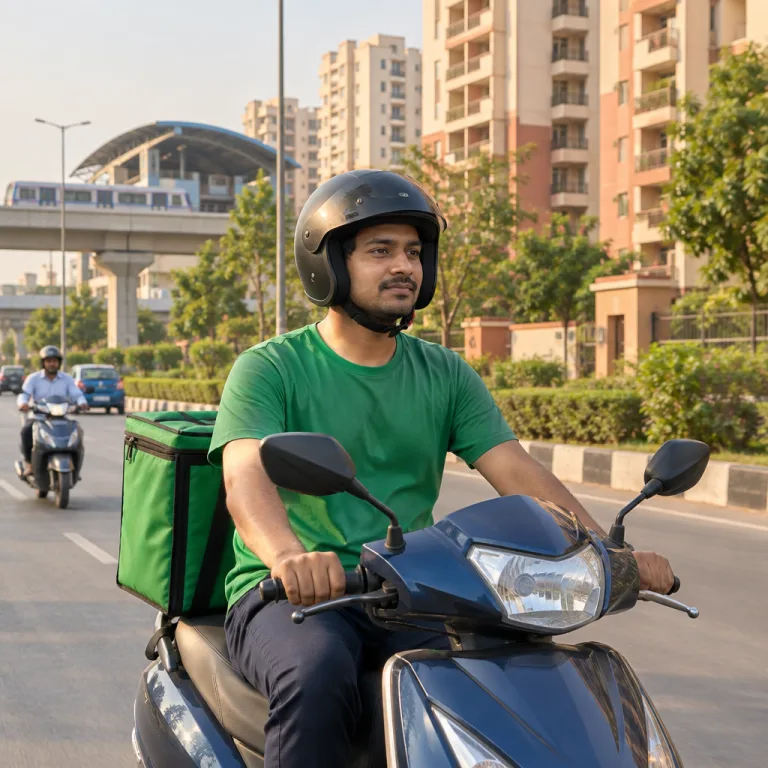 Delivery rider in a plain green T-shirt and black helmet on a scooter with a green insulated grocery bag in front of apartment blocks
