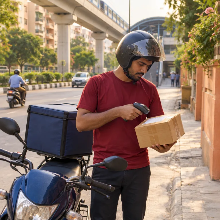 Delivery partner in a plain dark red T-shirt and black helmet scanning a parcel next to his motorbike on a Delhi pavement