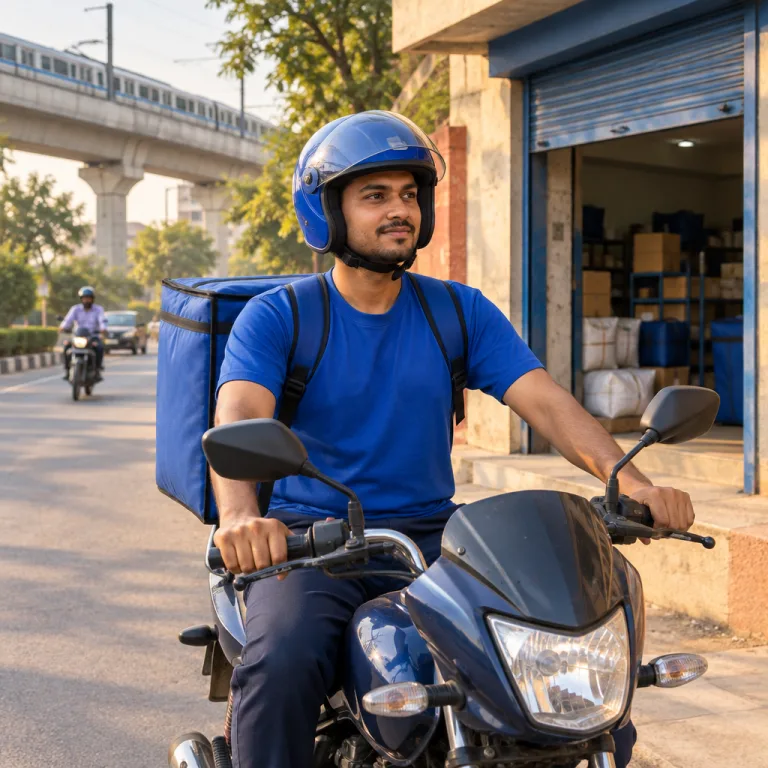 Delivery partner in a plain royal blue T-shirt and blue helmet with a blue parcel bag on a motorbike outside a small sorting hub