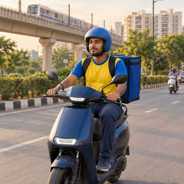 Delivery rider in a plain yellow-and-blue T-shirt and blue helmet on an electric scooter with a blue insulated bag on a Delhi road