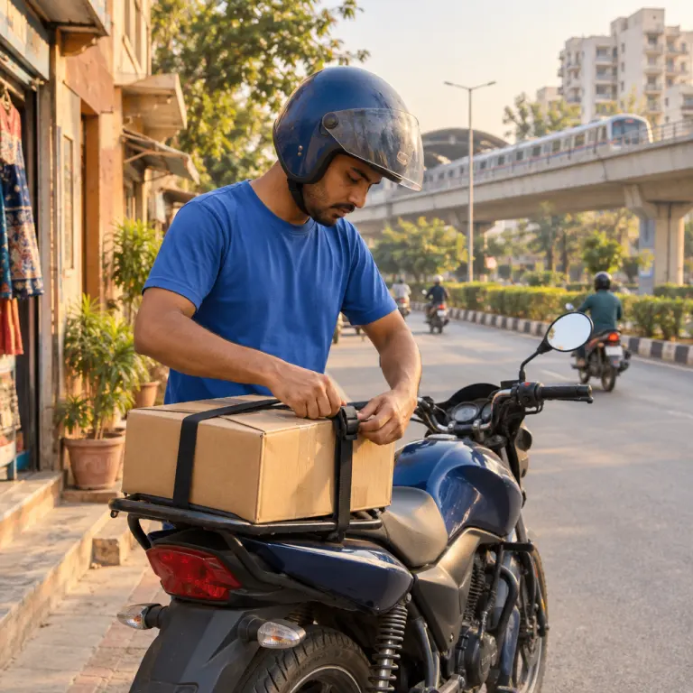 Delivery partner in a plain blue T-shirt and blue helmet strapping a parcel onto the rear carrier of a motorbike outside a shop