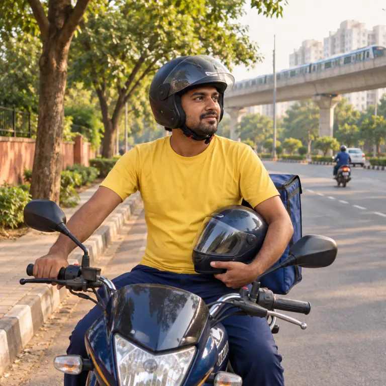 Bike-taxi rider in a plain yellow T-shirt and black helmet on a motorbike holding a spare helmet for a passenger on a tree-lined Delhi road