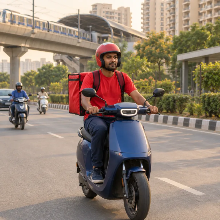 Delivery partner in a plain red T-shirt and red helmet with a red parcel bag on an electric scooter on a wide Noida road