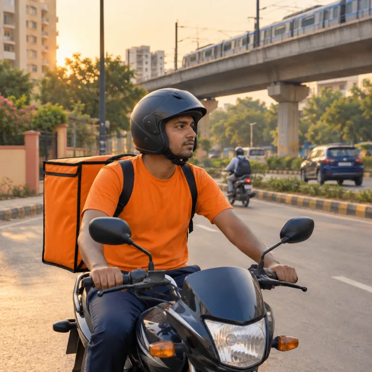 दिल्ली की सड़क के मोड़ पर सादी नारंगी टी-शर्ट और काले हेलमेट में, नारंगी डिलीवरी बैग के साथ मोटरसाइकिल पर फ़ूड डिलीवरी राइडर