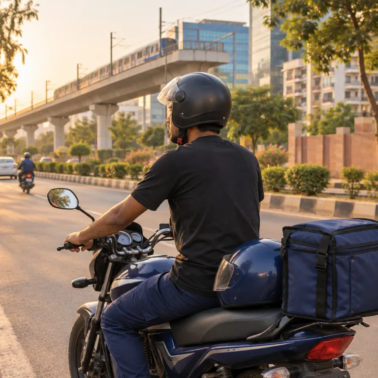 गुरुग्राम की ऑफ़िस रोड पर सादी काली टी-शर्ट और काले हेलमेट में बाइक-टैक्सी राइडर, सीट पर सवारी के लिए दूसरा हेलमेट