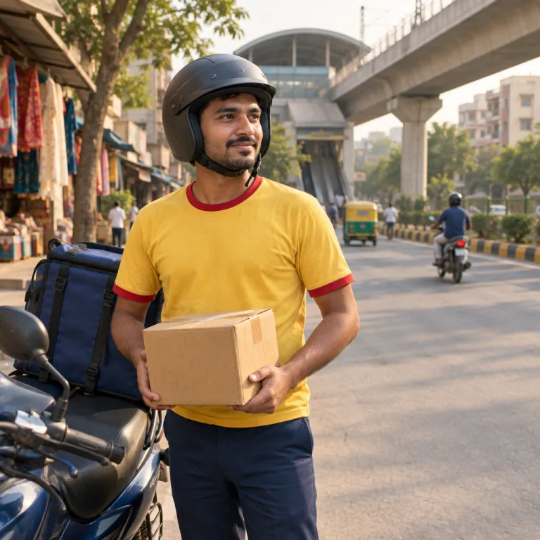 Delivery partner in a plain yellow T-shirt with red trim and a black helmet holding a parcel beside a motorbike in a Delhi market lane