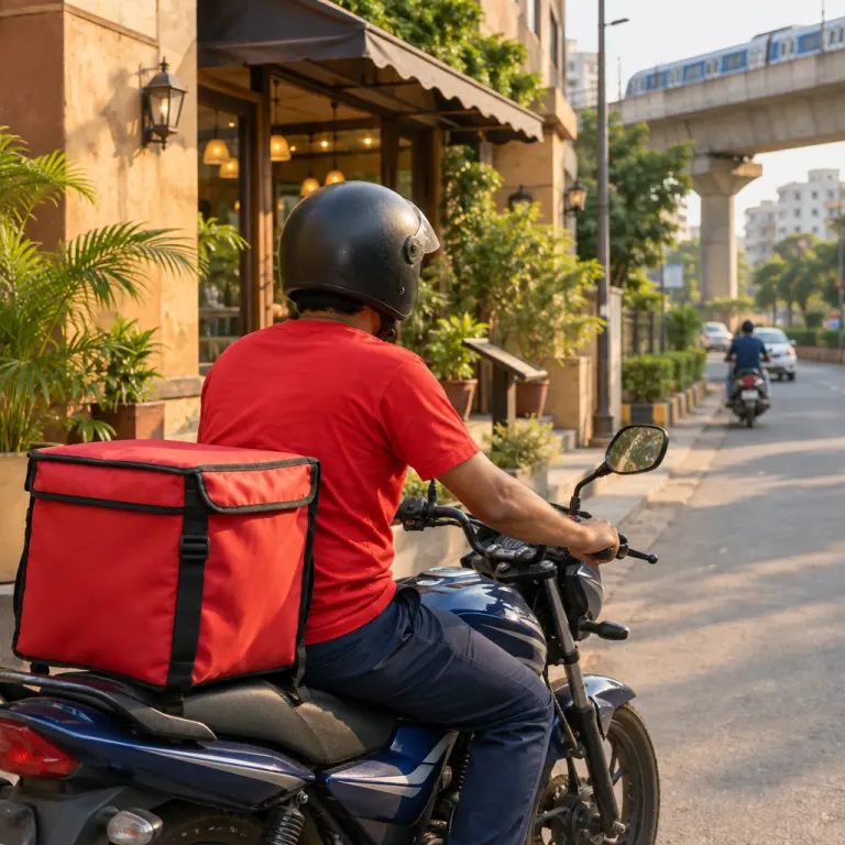 रेस्तरां के बाहर सादी लाल टी-शर्ट और काले हेलमेट में, लाल डिलीवरी बैग के साथ मोटरसाइकिल पर फ़ूड डिलीवरी राइडर