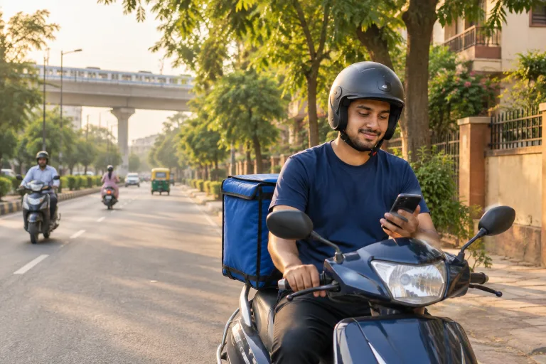 पेड़ों वाली दिल्ली की गली में खड़े स्कूटर पर नेवी टी-शर्ट और हेलमेट पहने डिलीवरी राइडर फ़ोन देख रहा है, पीछे मेट्रो लाइन