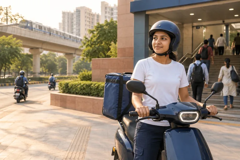 Woman delivery rider in a white T-shirt and navy helmet on an electric scooter outside a Delhi metro station exit