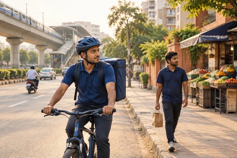 दिल्ली की सड़क पर साइकिल पर डिलीवरी बैग लिए डिलीवरी वर्कर, पीछे फल की दुकान के पास एक और वर्कर पार्सल बैग लेकर जा रहा है