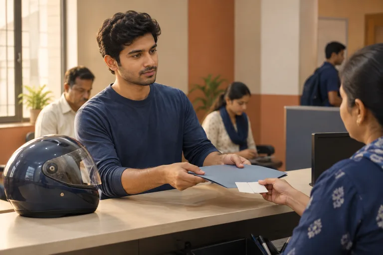 Young man handing a folder and two cards across an office counter to a clerk, his helmet resting on the counter