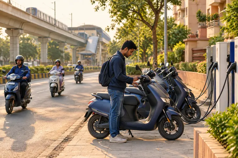 दिल्ली के फुटपाथ पर चार्जिंग पॉइंट पर लगी इलेक्ट्रिक स्कूटरों की कतार, एक युवक उनमें से एक को देख रहा है