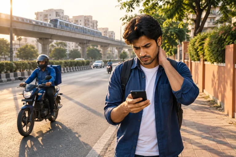 Worried young man looking at his phone on a Delhi pavement, a delivery rider passing behind him