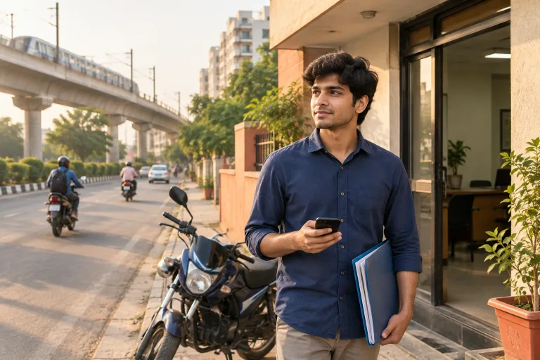 Young man in a plain shirt holding a phone and a folder of documents outside a small office, a motorbike parked beside him