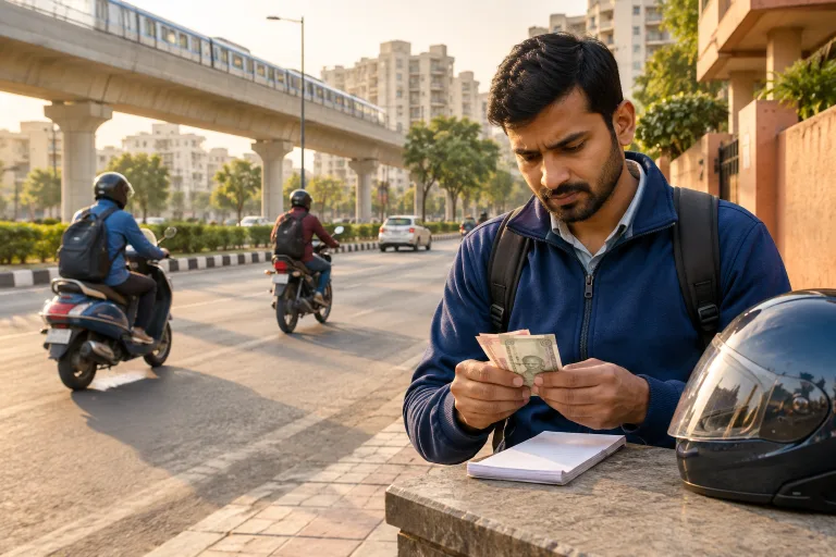 नेवी जैकेट पहने व्यक्ति हेलमेट के पास रखी नोटबुक पर कुछ रुपये के नोट गिन रहा है, चेहरे पर सावधानी, पीछे दिल्ली की सड़क