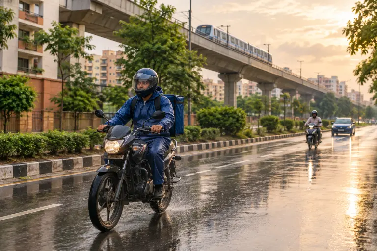 मानसून की बारिश में नीला रेनकोट पहने डिलीवरी राइडर गीली दिल्ली की सड़क पर धीरे-धीरे चल रहा है, सड़क पर पानी की परछाइयाँ