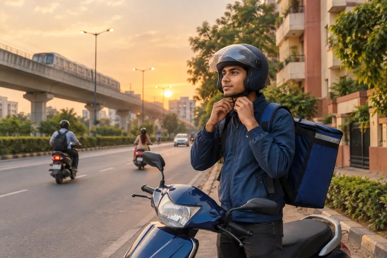 Young man fastening his helmet beside a scooter with an insulated bag at dusk, street lights coming on