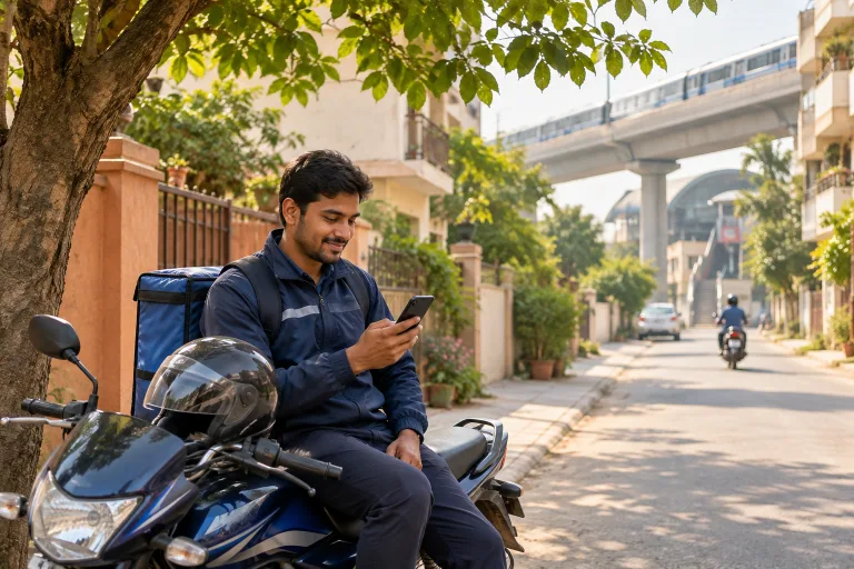 Delivery rider sitting on his parked motorbike under a tree, smiling at a payments app on his phone