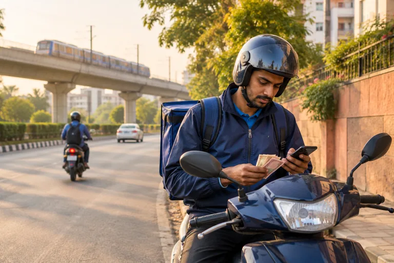 खड़े स्कूटर पर बैठा डिलीवरी राइडर एक हाथ में फ़ोन लिए रुपये के नोट गिन रहा है, पीछे दिल्ली की सड़क और मेट्रो लाइन