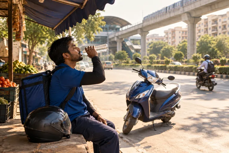 तेज़ गर्मी की दोपहर में मार्केट के शेड की छाया में पानी पीता डिलीवरी राइडर, धूप में खड़ा उसका स्कूटर